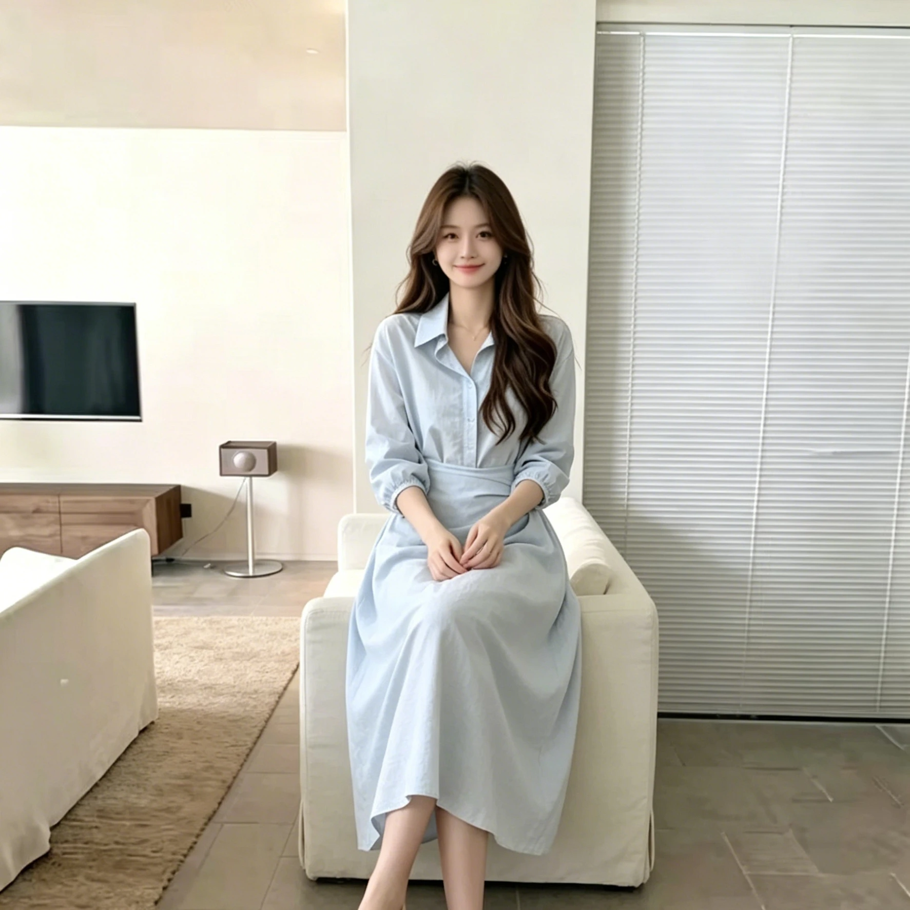 Korean Style A Line Shirt Dress - Afslankende blauwe shirtjurk voor dames, hoge