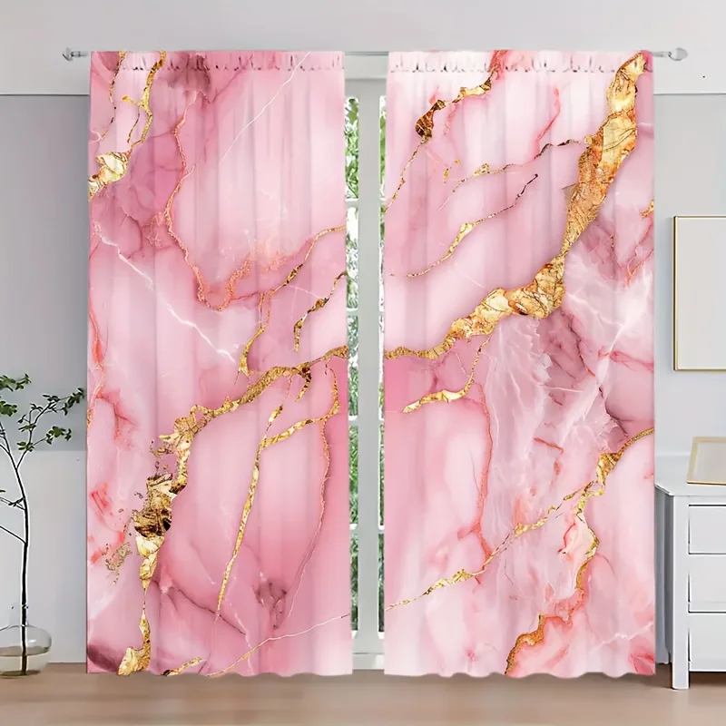 

2Pcs Curtains Pink Marble Pattern Style Printed Window Drapes for Bedroom Living Room Decoration Window Treatment.