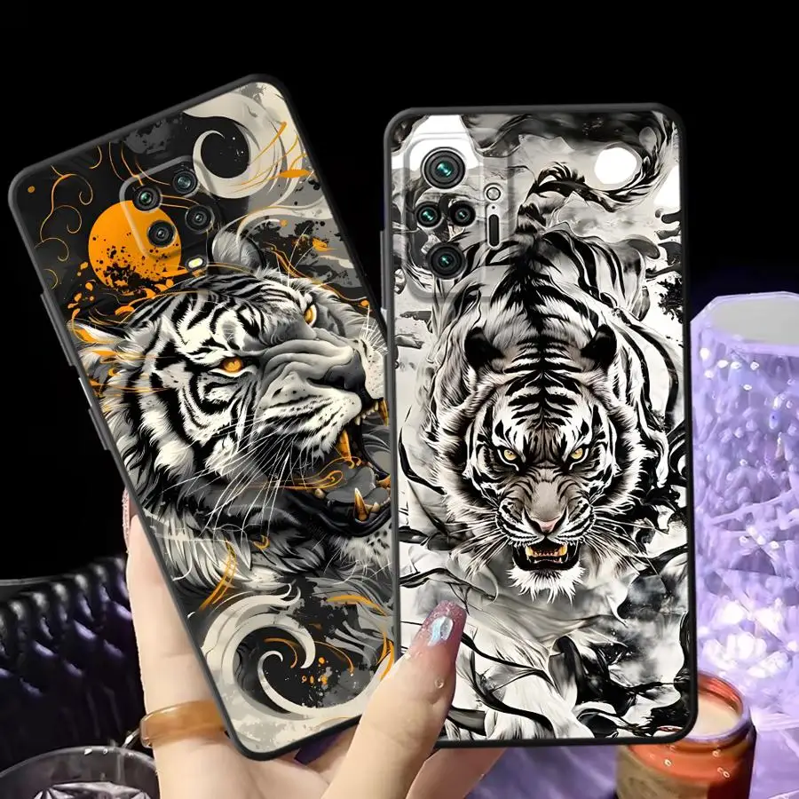 Schwarze weiche Handyhülle für Xiaomi Redmi Note 11s 10S 13 14 Pro Plus 12s 7 8 9 10 11 12 9S Cool Silver Tiger
