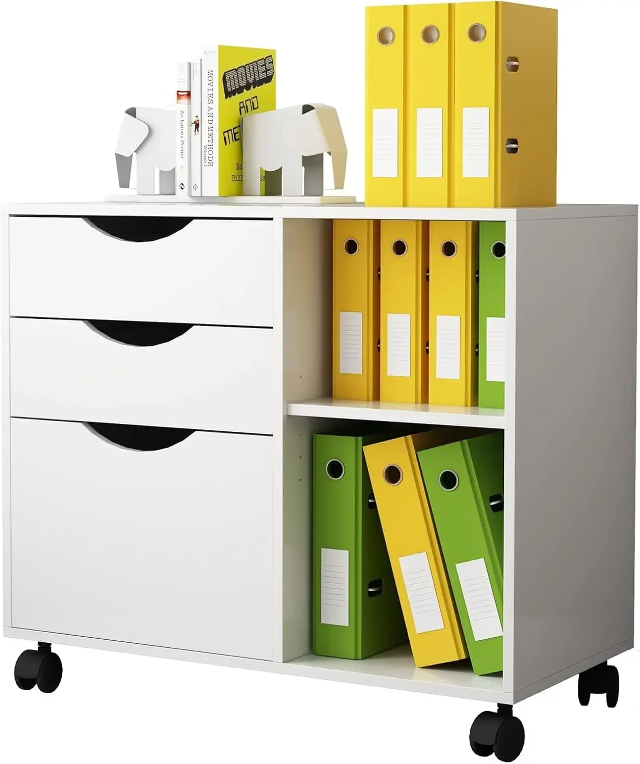 White Mobile Lateral Filing Cabinet Three Drawer Printer Stand Rolling Adjustable Storage Shelves Home Office