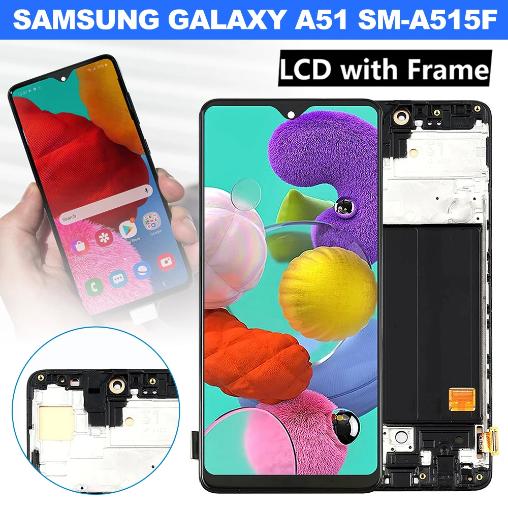 AMOLED Touch Screen for Samsung Galaxy A51 SM-A515F LCD Display Full Touch Screen Digitizer Assembly Part Replacement with Frame