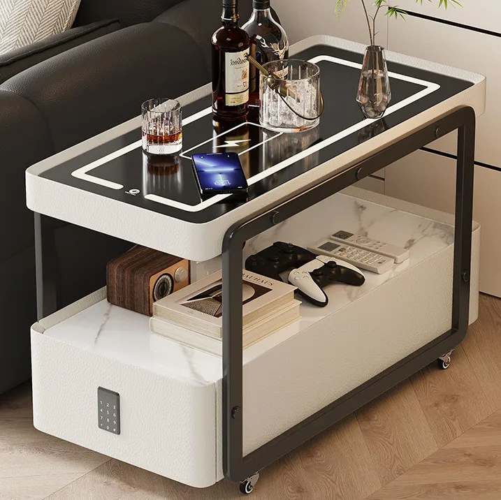 Italian Modern Minimalist Side Table Movable Small Wooden Trolley with Wireless Charging Socket Coffee Table for Living Room