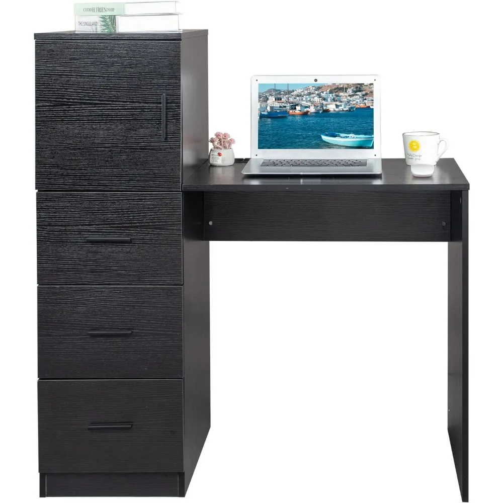 

Computer Desk with 4 Drawers and Shelves, Gaming Desk with Power Outlets, Office Work Study Laptop Desk for Home Office Small Sp