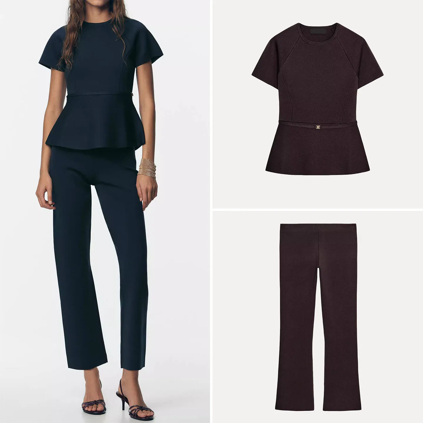 

ZADATA 2025 Winter Women's Fashion Knitted Top with Belt High Waist Straight Leg Pants Two Piece Set round Neck T-Shirt