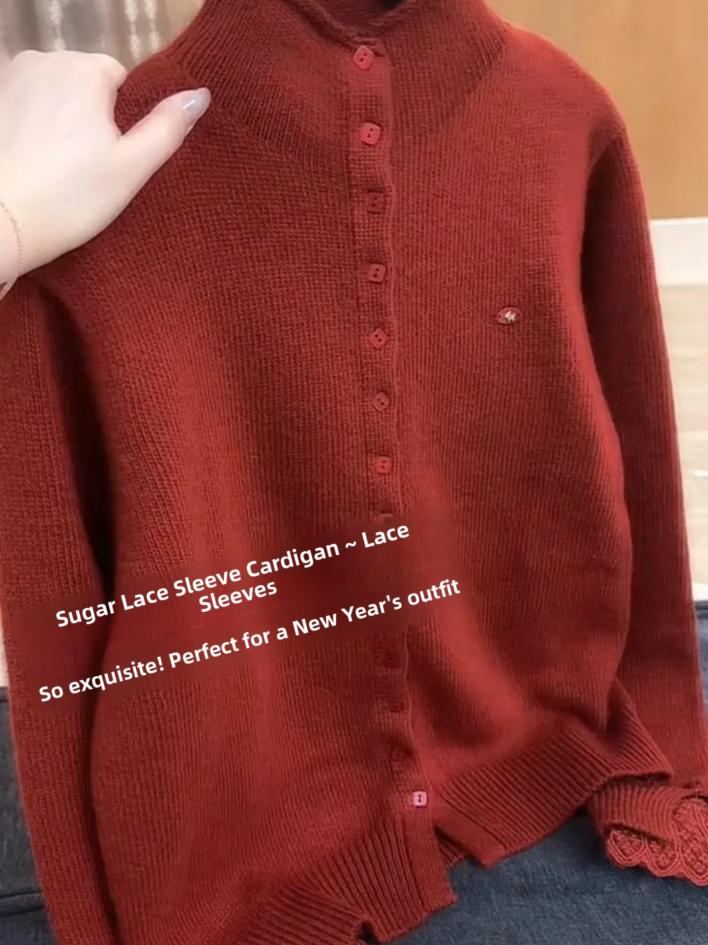 

Red Lace Splice f High Collar Sweater Coat Casual Sle Long Sve Winter Spring Women's Faion Set Spring Design Slimming