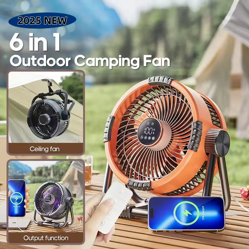 

New 6 in 1 Outdoor Camping Fan 20000mAh Rechargeable Portable Wireless Tent Ceiling Fan 4 Speed Adjustment with Hook & LED Light