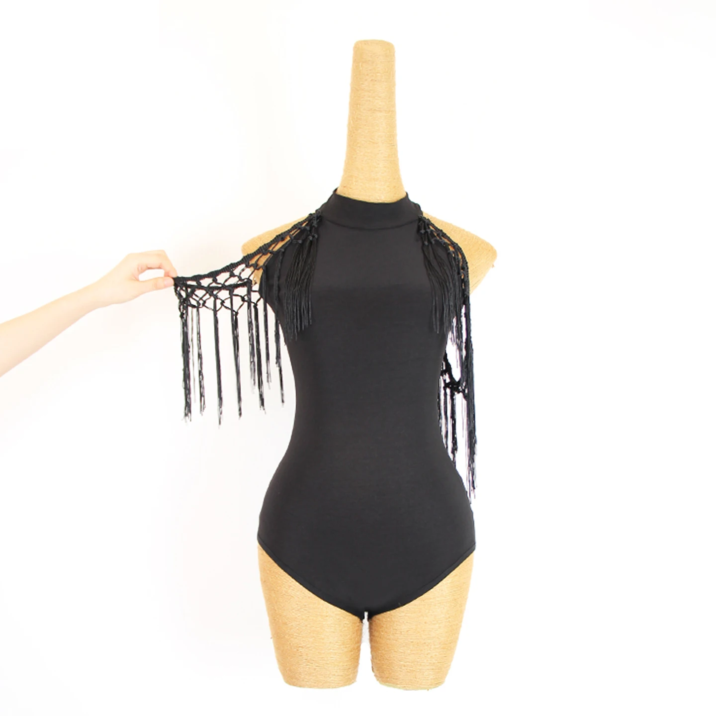 Damska czarna bluzka do ćwiczeń tańca latynoamerykańskiego, wyszczuplająca, z frędzlami, dla dorosłych i dzieci, do tanga, cha cha, samby, odzież treningowa.