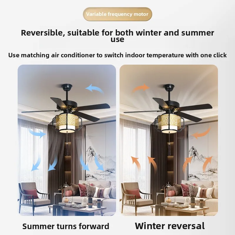 Restaurant Ceiling Fan Light Tea House Club New Chinese Courtyard Loft Variable Frequency Electric Fan Chandelier