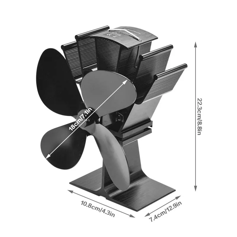 Ventilador de 4 aspas para chimenea negra, sistema de ventilación alimentado por calor para quemador de madera, respetuoso con el medio ambiente,