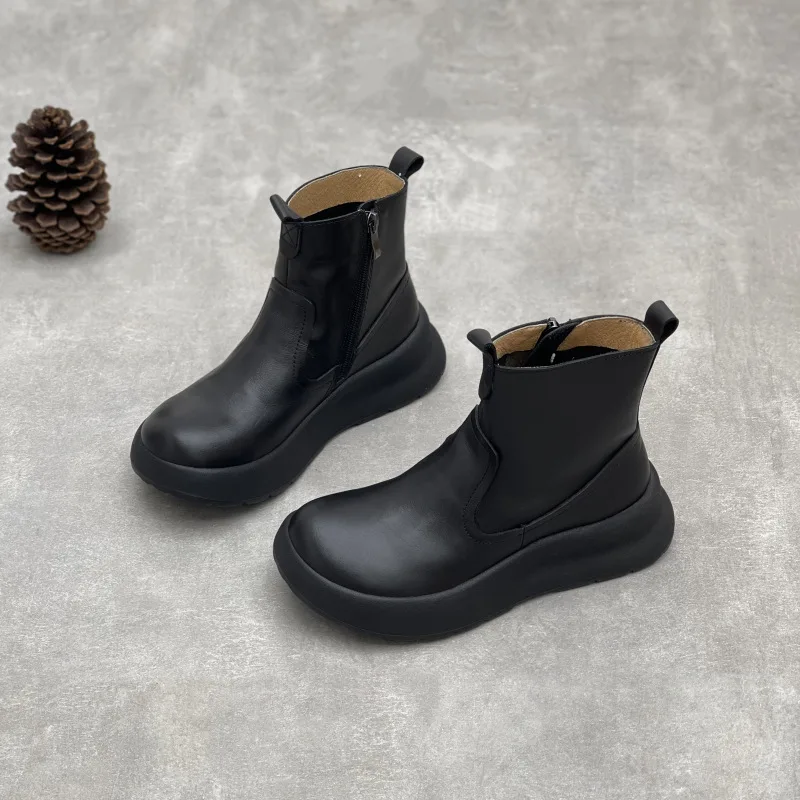 

Retro Genuine Leather Woman Short Boots Luxury Quality Platform Handmade 2026 Spring Autumn Outdoor Cowhide Ladies Ankle Shoes