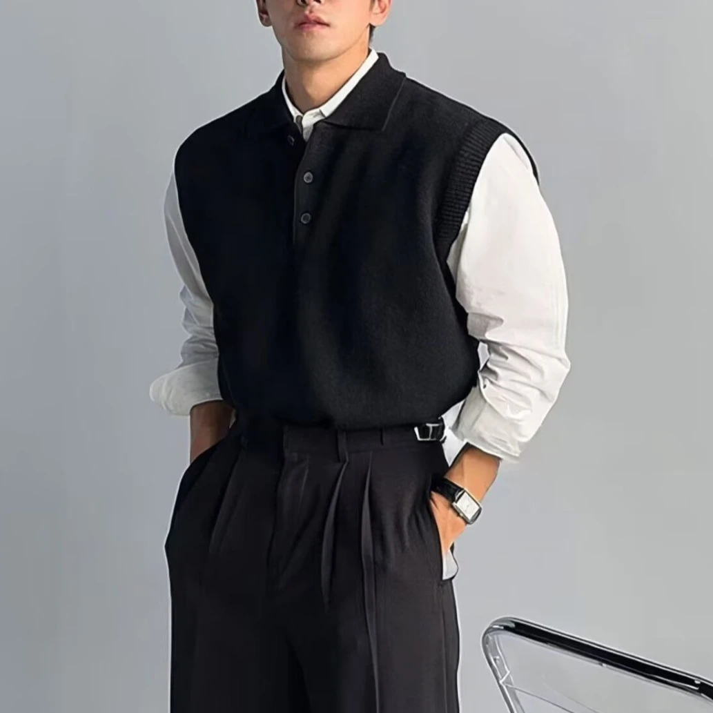 

Retro British Polo Collar Knit Sweater Vest for Men Sleeveless Korean Fashion Layering Waistcoat Autumn Winter Casual Streetwear