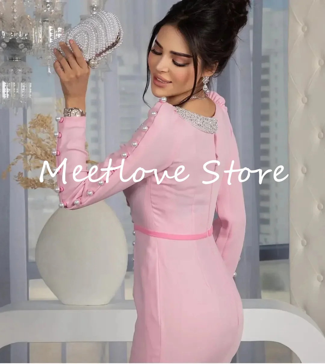Meetlove-vestido de fiesta Sexy rosa con perlas, mangas largas, Arabia Saudita, vestidos de noche formales para mujer, cremallera negra, trompeta, fiesta de boda