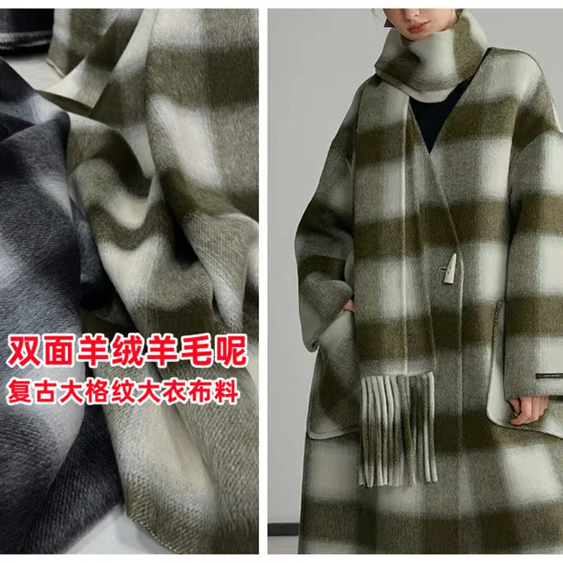 Retro Plaid Double-Sided Fabric Autumn and Winter Smooth Wool Australia Woolen Coat Coat Clothing Large Plaid Fabric