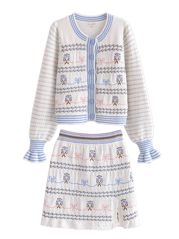 Imagem -06 - Doce Feminino Outono Branco Flor Azul Malha Alargamento Manga Cardigan Cintura Alta Frente Fenda Onda Hem Mini Saia Conjunto de Correspondência 2023