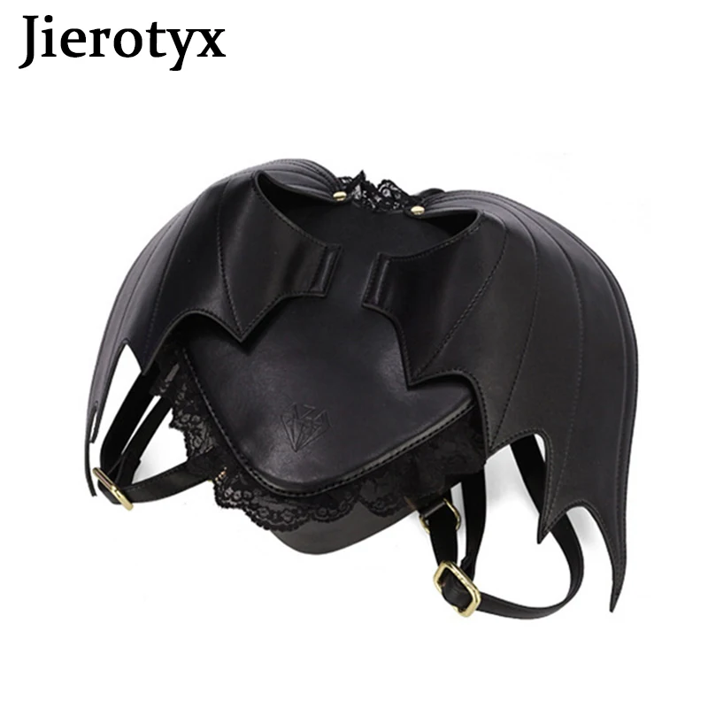 JIEROTYX Gothic Bat Wing Women Backpack Bag Black Punk Stylish School Bags for Girl Angel Wings Cute Little Devil Package