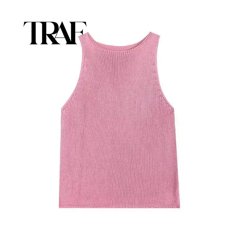 TRAF Nordic Minimalist Pink Knit Vest T-shirt Women Fashion Ladies Commuter Knitwear Elegant Pullover Summer Top