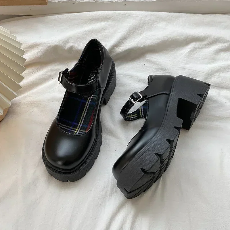 Platform Heels Mary Jane Shoes Simple Lolita Black Platform Heeled Shoes Student College Sweet Medium Heel Women Single Shoes