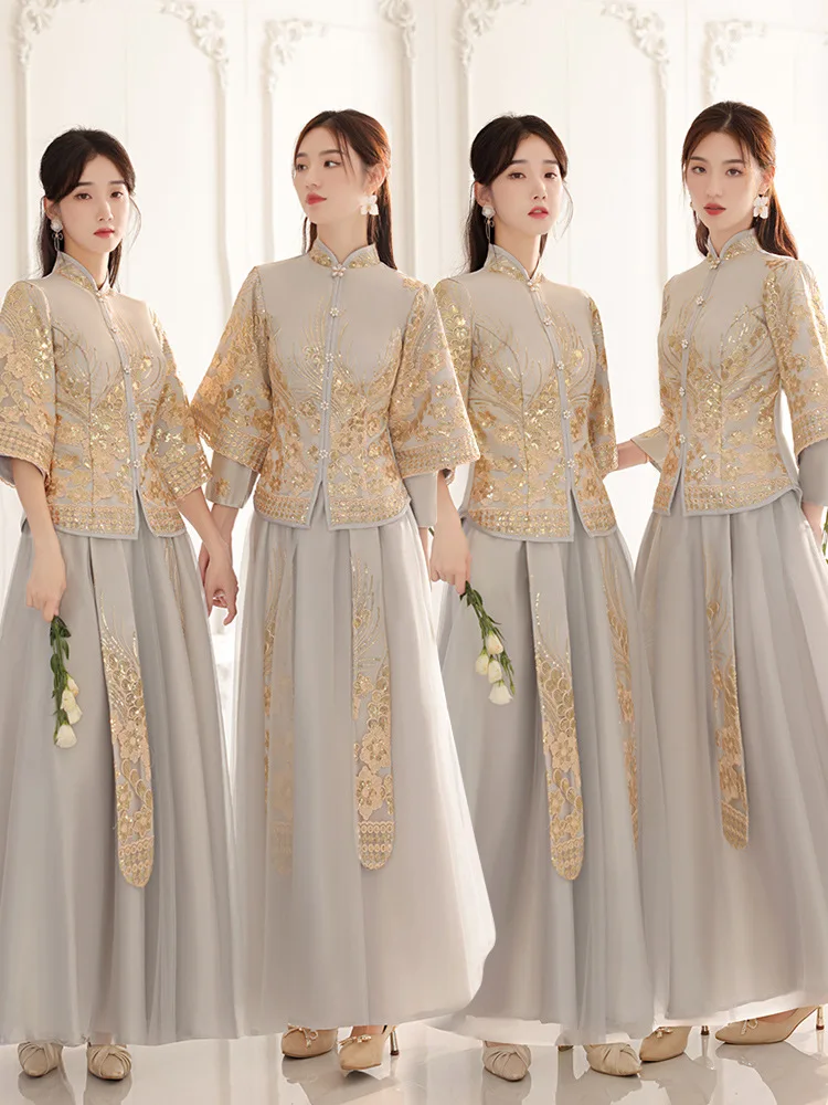 Women's Chinese Embroidery Bridesmaid Dresses New Spring Autumn Chinese Style Wedding Sisters Group Dress Large Xiuhe Dress