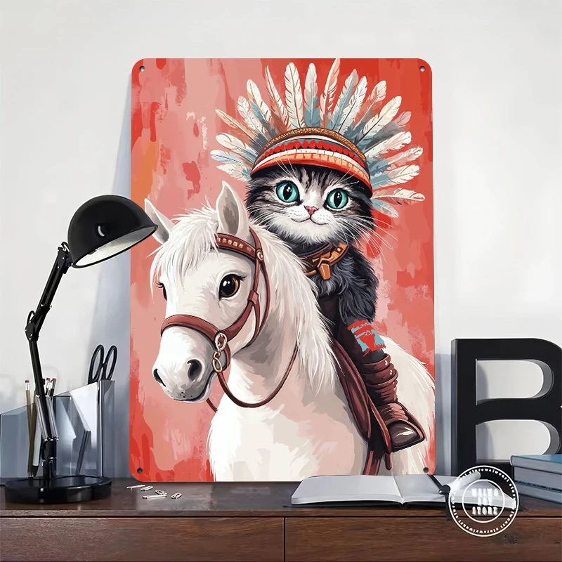 Cat Riding Horse Poster Customized Vintage Metal Signs Wall Art Retro Tin Plaque for Office Decoration Room House Decor Man Cave