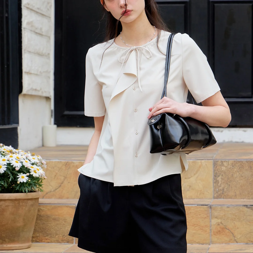 

Slimming Thin round Ne irt Commute Sle Korean Version Button Design ort Sve Pure Color Faion Ladies irt