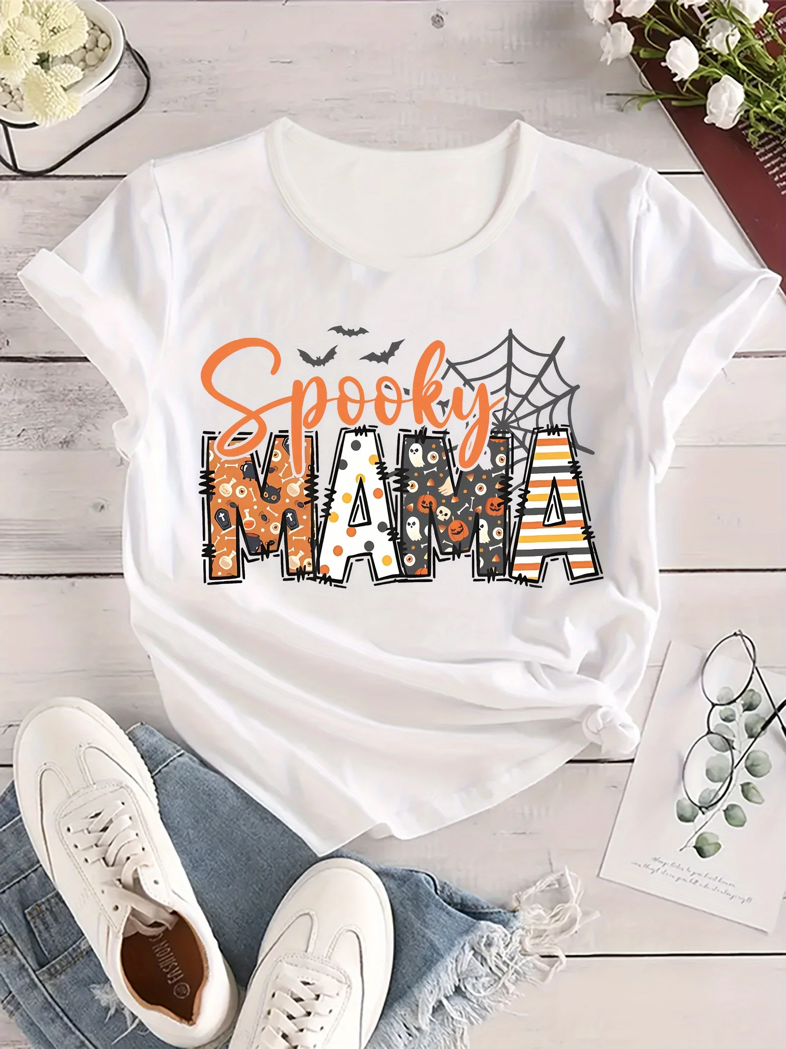 Spooky Mama Halloween Graphic Women's Casual Crew Neck Short Sleeve Spider Web Bat Design Perfect for Spring Casual Wear