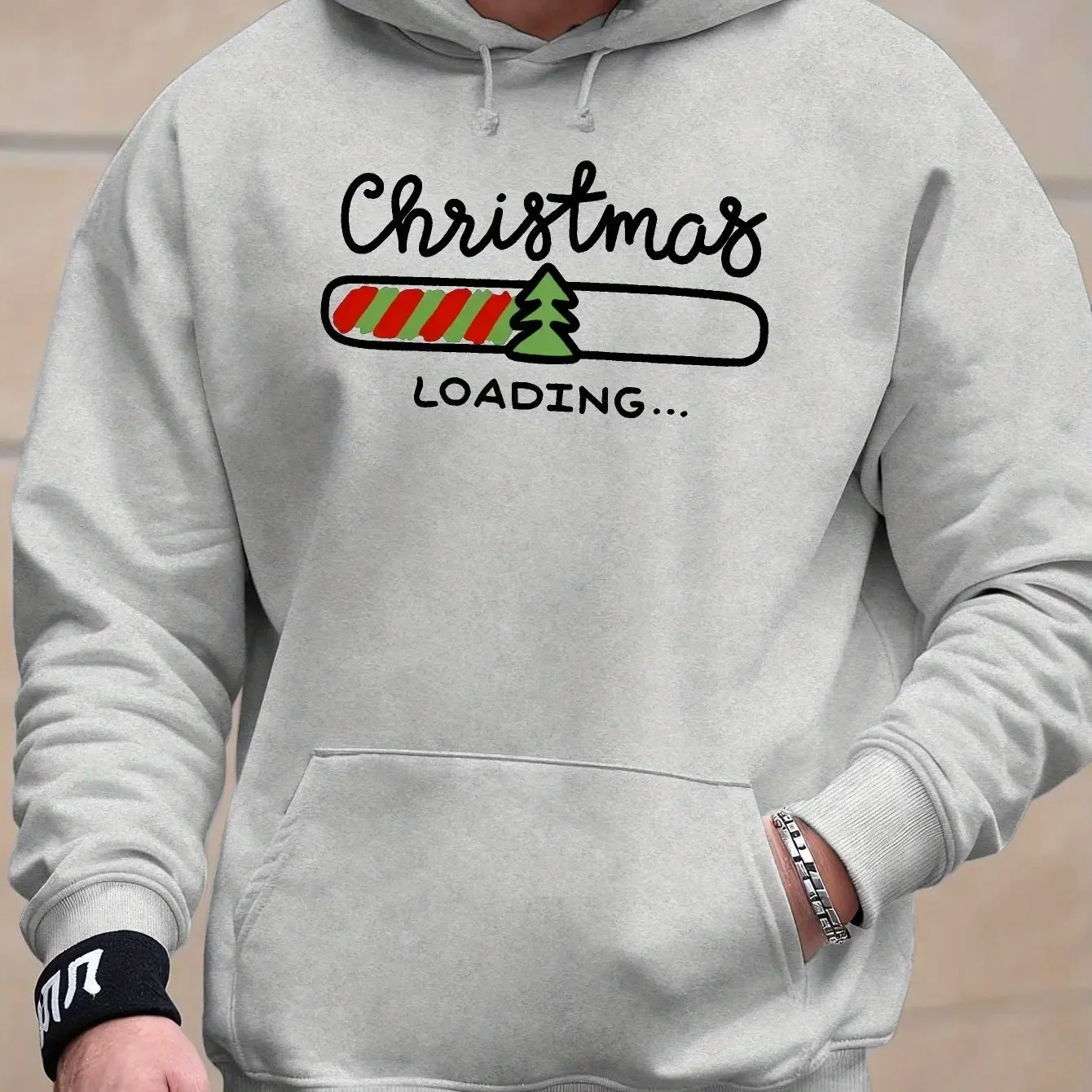 Men Christmas Loading Progress Bar Graphic Hoodie Xmas Tree Letter Print Pullover Holiday Casual Loose‑fit Streetwear Sweatshirt