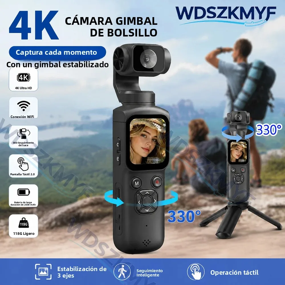 330 ° Cámara de acción portátil Face Track 4K con soporte de escritorio WIFI para YouTube, Vlog, grabación de video, cámaras de acción.