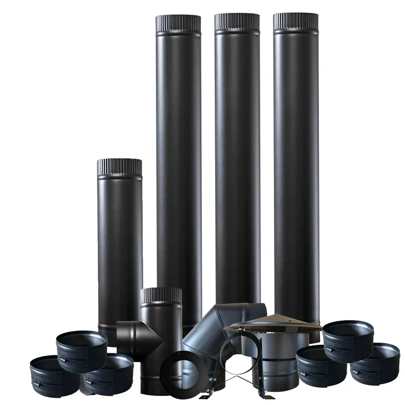 150mm Diameter Black Stainless Steel Through the Wall Kit Wood Stove Spare Parts Singer Layer Stovepipe Kit Chimney Pipe Set