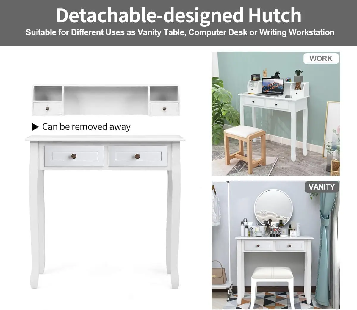 ハッチ付きの小さな白いライティングデスク – 寝室や書斎用の引き出し付き32フィートのコンパクトなコンピューターデスク