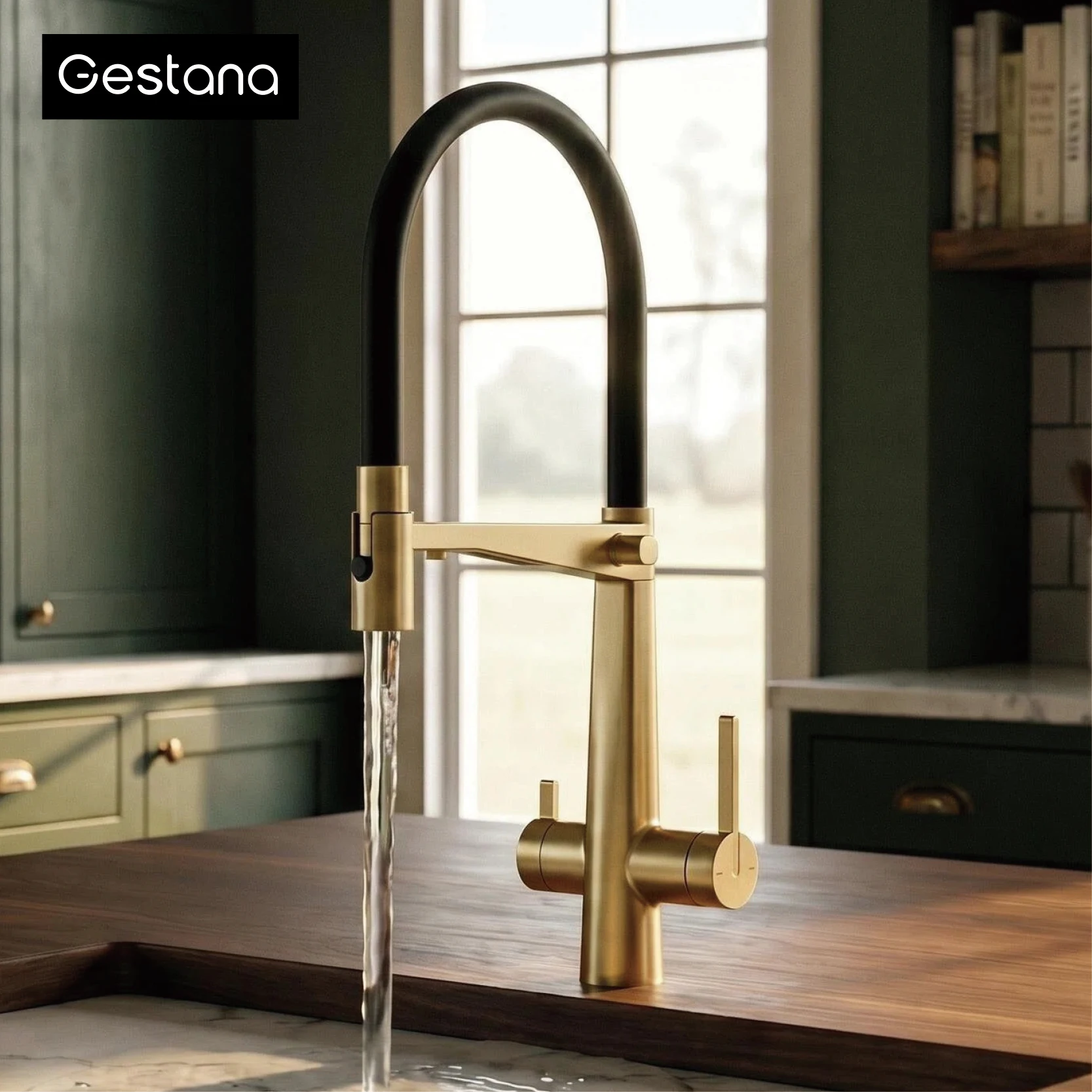 Luxury 3-in-1 Purified Water Kitchen Sink Faucet Brushed Gold Solid Brass Pull Out Hot Cold Mixing Tap 3 Modes Sprayer Crane
