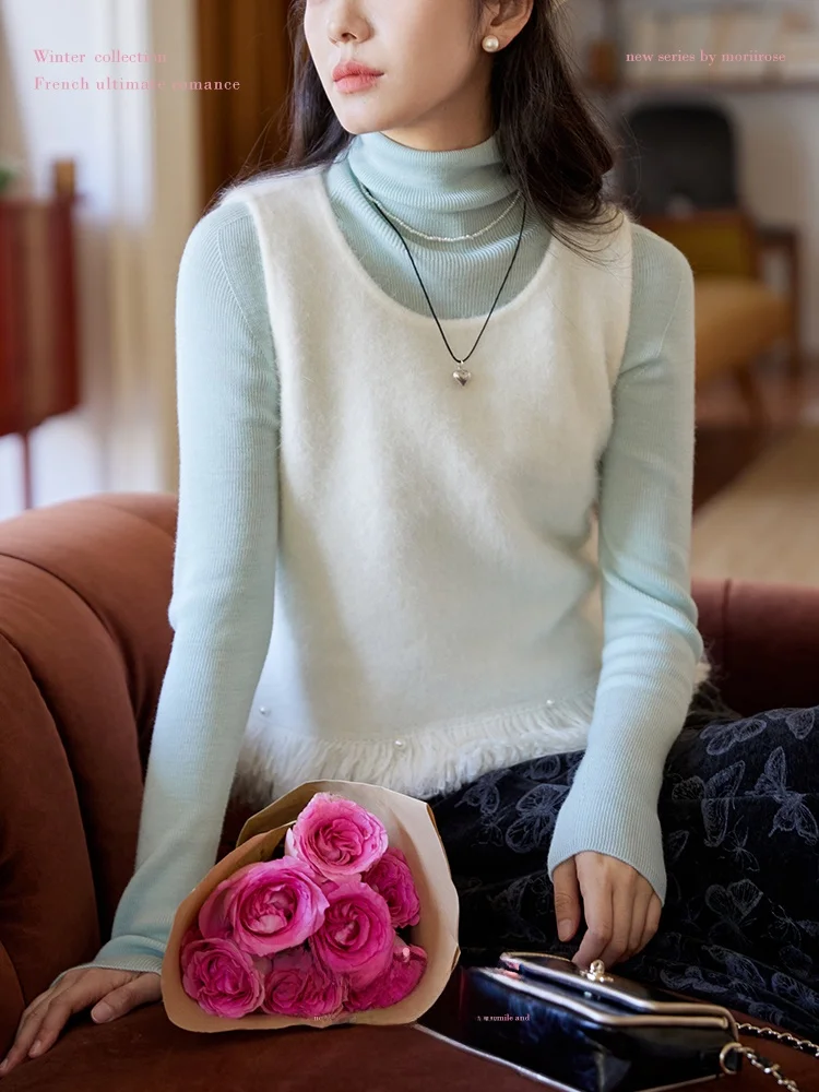 

Moriirose белый круглый вязаный жилет с кисточками и бисером, женский зимний винтажный многослойный топ на бретелях из нейлонового меха кролика Wo...