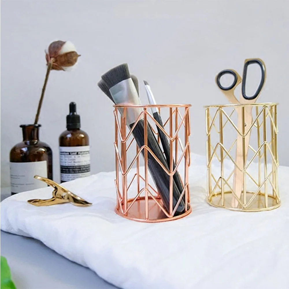 Rose Gold Nordic Metal Mesh Pen Holder Metal 10*8cm Multifunctional Desktop Organizer Basket