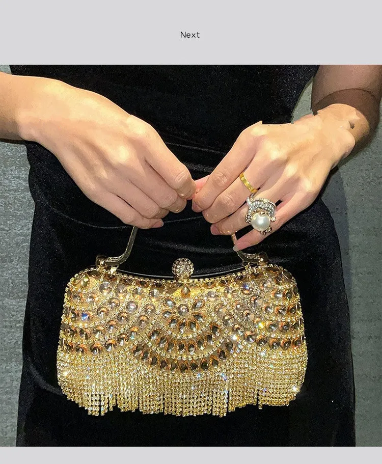 Metallische Strass-Diamant-Abendclutch mit Goldener Quaste, Luxuriöse Braut-Hochzeits-Party-Handtasche für Damen, Formelle Bankett- und Abschlussball-Tasche – Detail 9