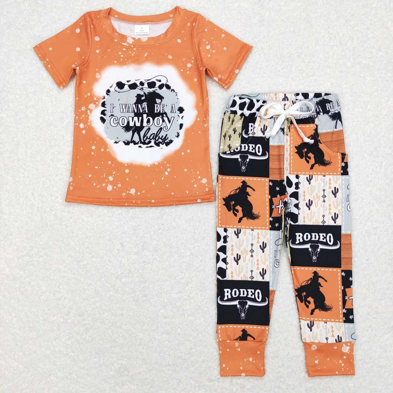 Wholesale Toddler Western Clothes Short Sleeves Horse T-shirt Kids Pocket Rodeo Cactus Pants Infant Children Set Baby Boy Outfit