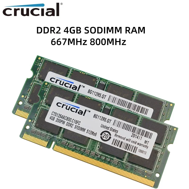 Crucial Laptop Memory RAM DDR2 2GB 4GB 667MHz 800MHz SODIMM PC2-5300 PC2-56400 1.8V 200pin for Notebook Sodimm Memoria Computer
