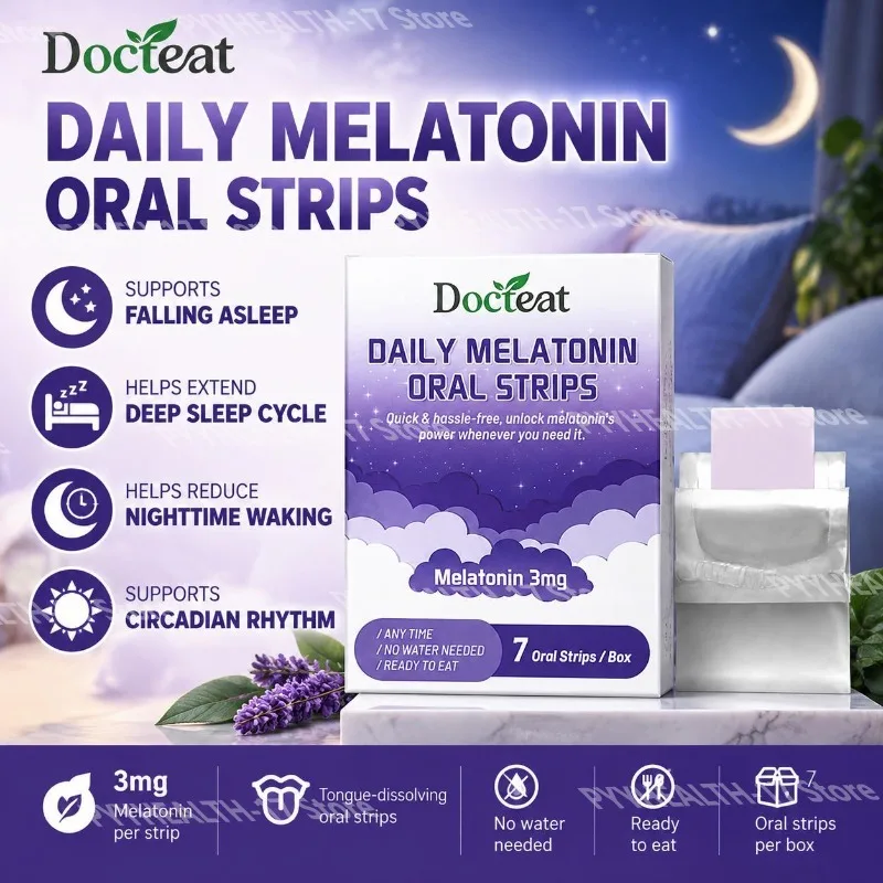 Docteat Melatonin Oral Strips Supports Falling Asleep and Restful Sleep 3mg Dissolvable, No Water Needed, 7 Oral Strips Per Box
