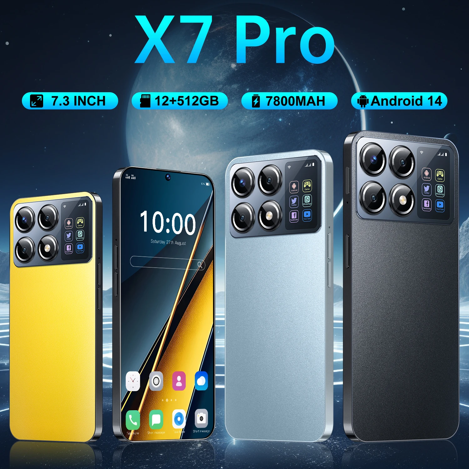 X7Pro  Unlocked Smartphone, Mobile Phones, 7.3 HD Screen, Original, 12GB + 512GB, Dual Sim, Android, Cell Phone, Global Version