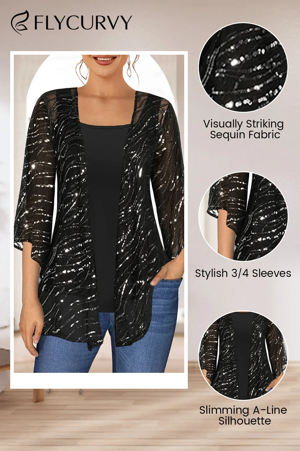Plus Size Women Fashion Casual Shirts Black Shiny Sequins 3/4 Sleeves Two Piece Shirts  Cover Up Tops with Vest