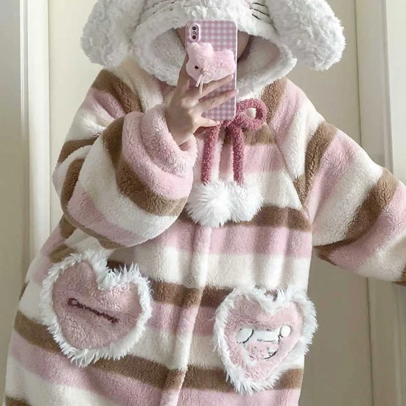 

Sweet Colorful Striped Cat COS Cartoon Pajamas For Women Winter New Style Coral Fleece Thick Warm Hooded Nightgown Home Wear