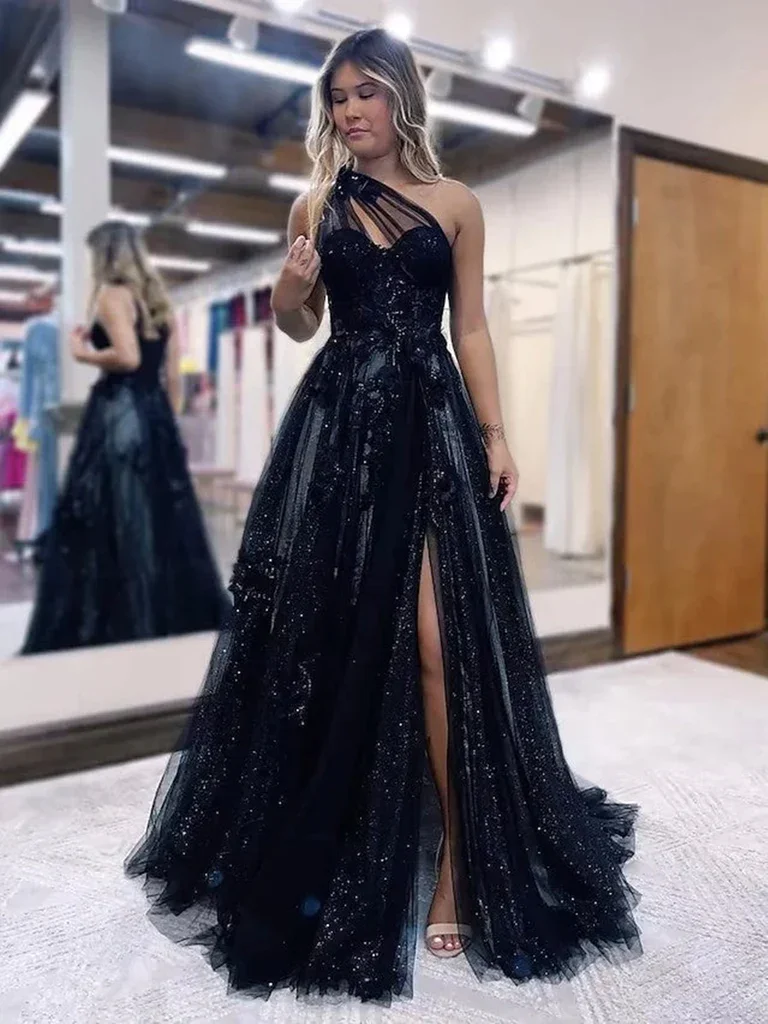 Black Sparkling Tulle A-line Prom Dress Evening Dress Sexy One Shoulder Side Split فستان سهرة Princess Party Dress for Women