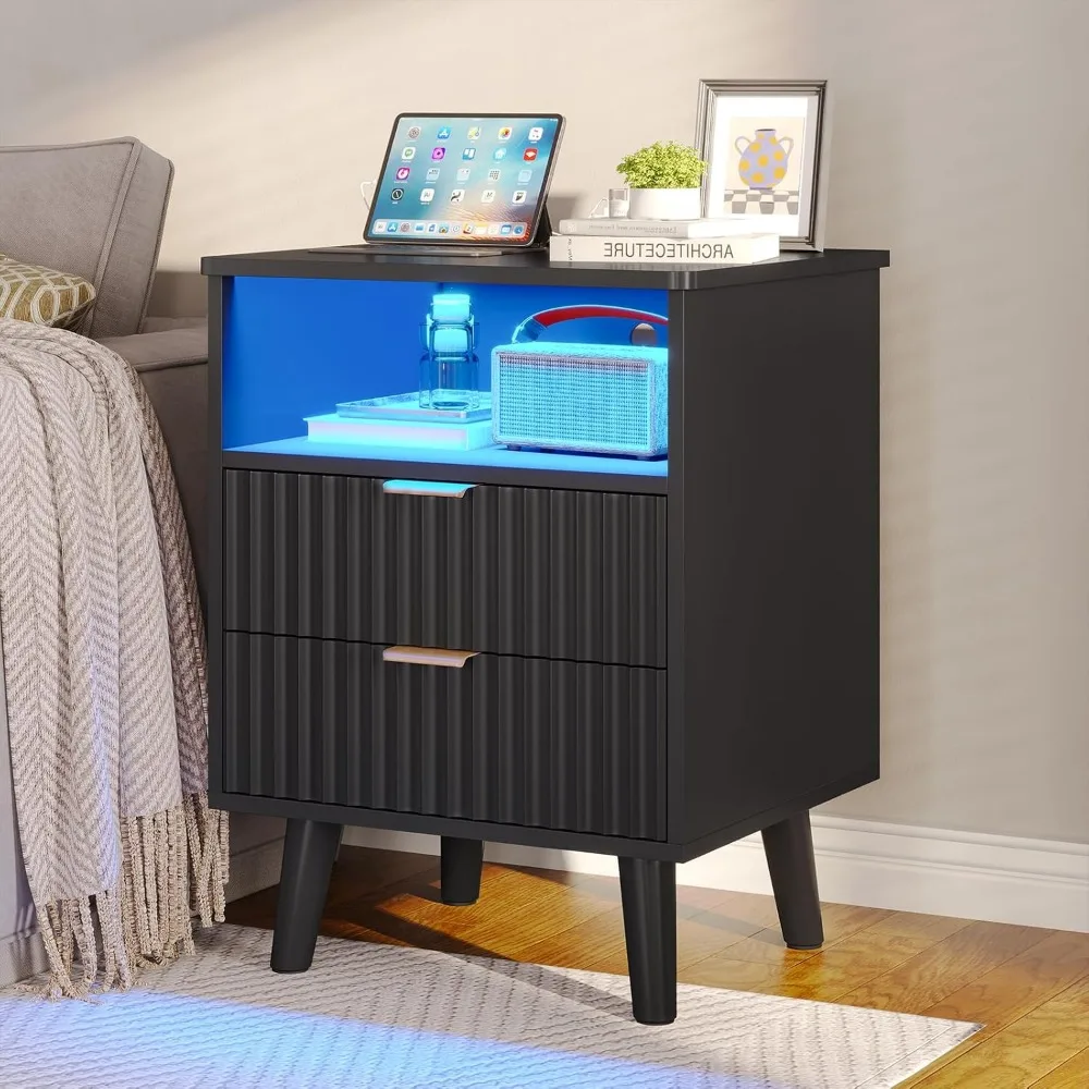 VIAGDO مجموعة منضدة مخددة مكونة من قطعتين مع قاعدة شحن وأضواء LED، مجموعة حامل ليلي حديث 2 مع درجين وتخزين مفتوح #6