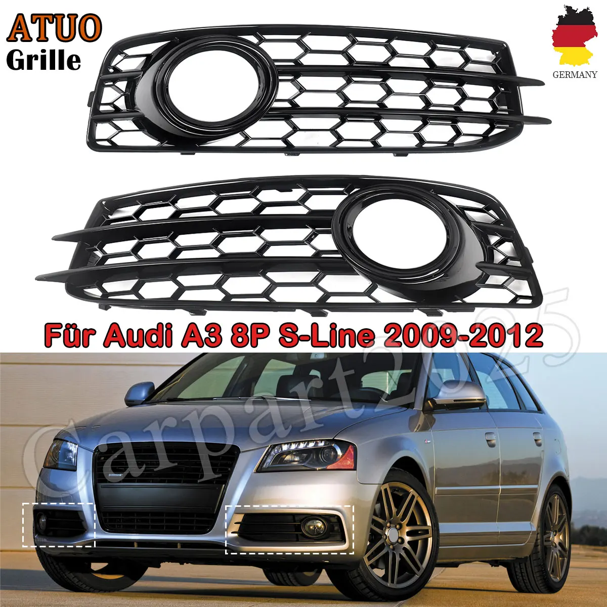 Für Audi A3 8P S Line 2009-2012 Sport Nebelscheinwerfer-Abdeckung Vordere Nebelleuchten-Gitterabdeckung Glänzend Schwarze Wabengitter-Abdeckung aus ABS