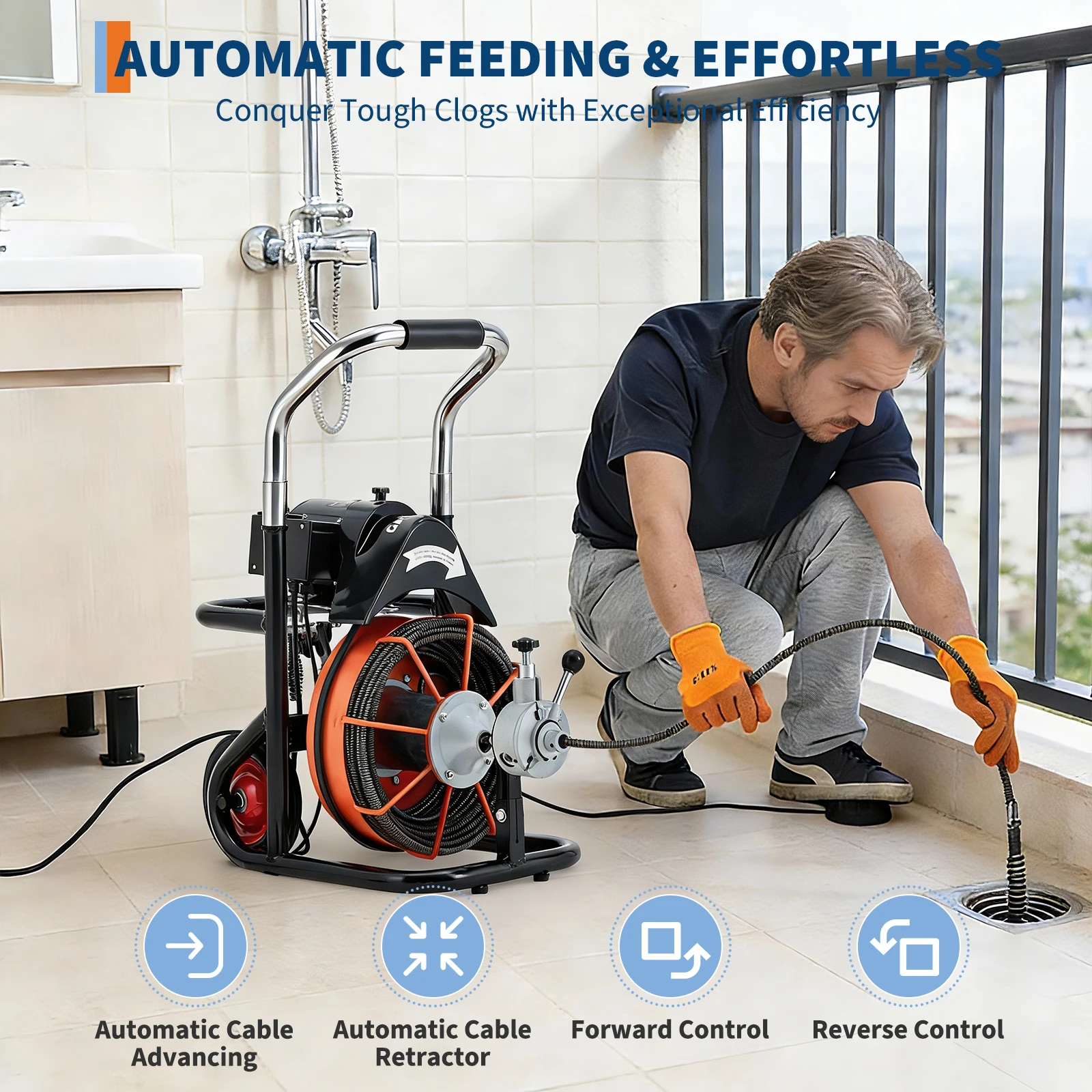 100FT x 3/4 Inch Drain Cleaner Machine, 750 W Auto Feed Sewer Snake Machine with 10 Cutters & Air-Activated Foot Switch, Heavy Duty Electric Drain Snake for 4