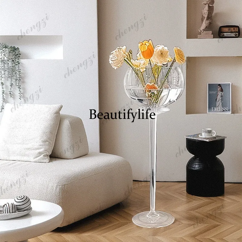 A95goblet vase large floor-to-ceiling glass transparent wine glass type high flower arrangement long branch living room ornament
