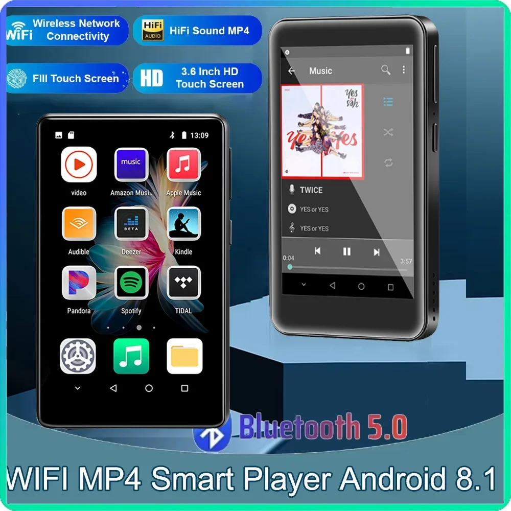 Lecteur MP4 avec écran tactile complet, 64 Go, WiFi, Bluetooth 5.0, 3.6 ", musique MP3 plus tard avec Spotify, streaming Android 8.1, 2 Go Dean + 16 Go