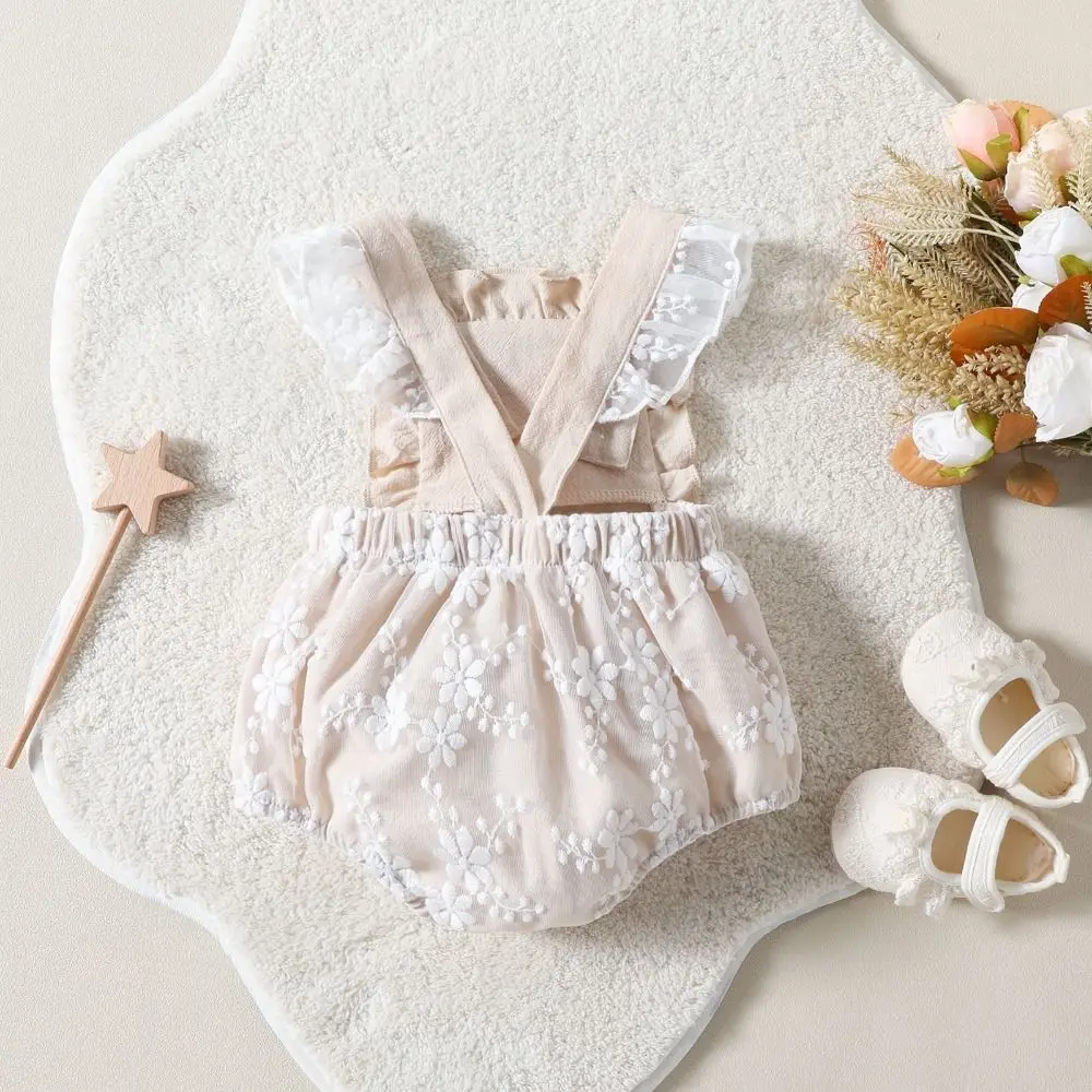 

1PC New 0-12M Jumpsuits Embroidery Buttons Rompers Frills Fly Sleeve Baby Crawling Pants Infant