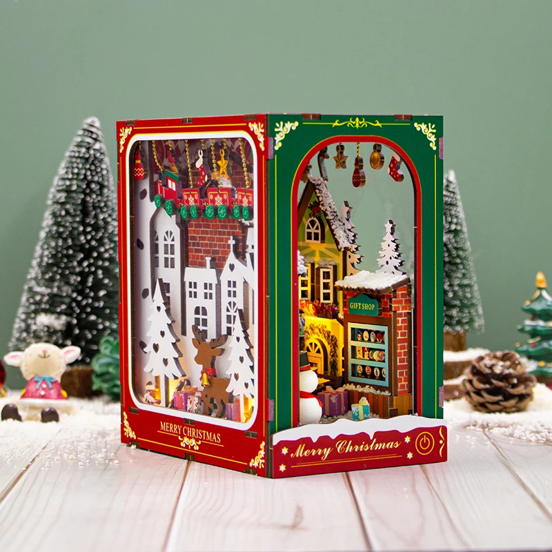 DIY de madera invierno de Navidad libro rincón estante insertar kits de modelos en miniatura con muebles luces estantería sujetalibros regalos para amigos