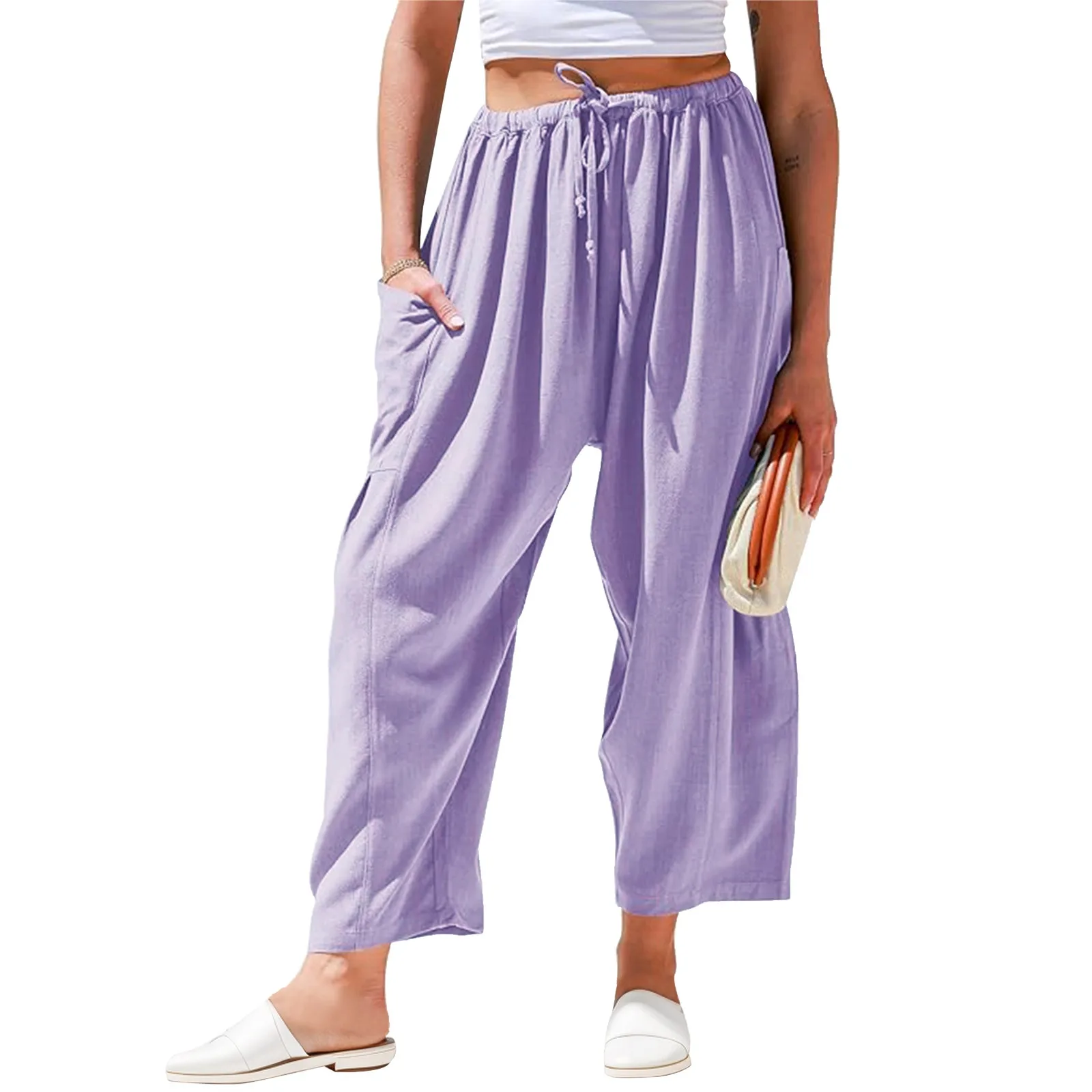 

Summer Cotton Linen Pants Women's Fashion Solid Linen Wide Leg Loose Drawstring Low Waist Beach Casual Pocket Baggy Trousers