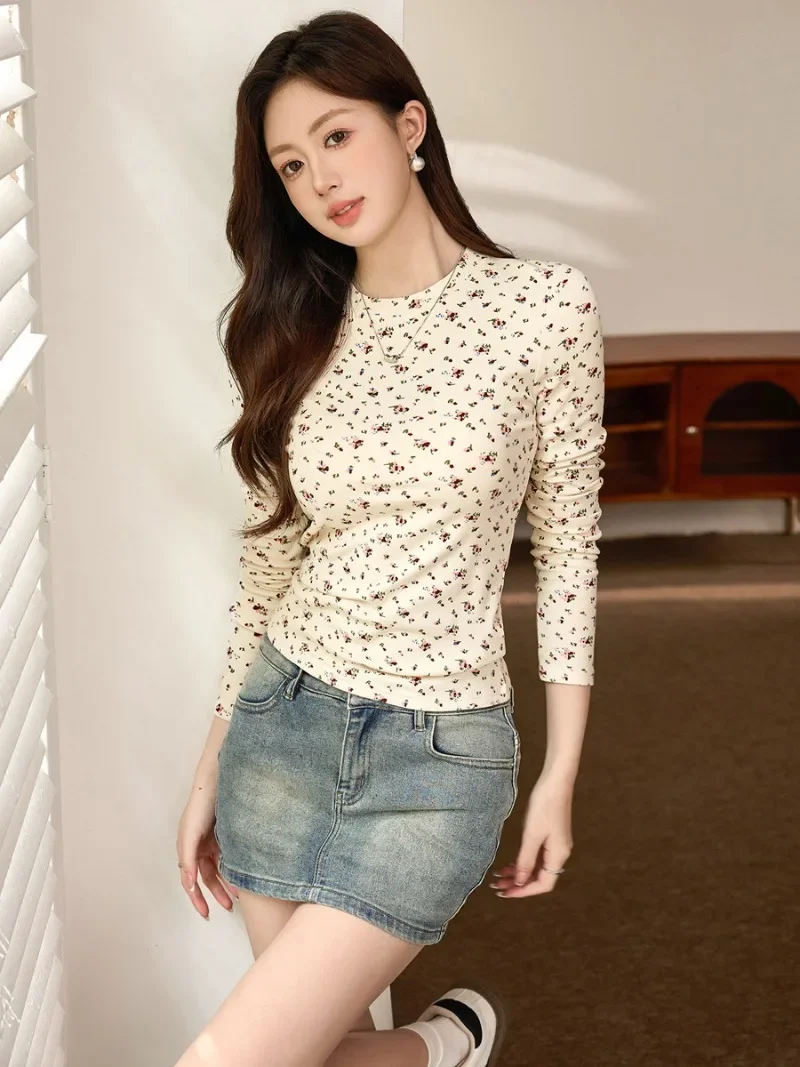 Femme New Chic Lace Tops All-Match Vintage Kawaii Cute White Top 2023 Women Harajuku Retro Floral Printing Long Sleeve T-shirts