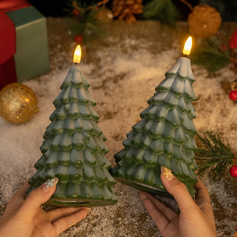 Christmas Tree Shaped LED CandLes FLameLess PiLLar CandLes Battery Operated LED CandLe with 3D FLame Wick Green CandLes